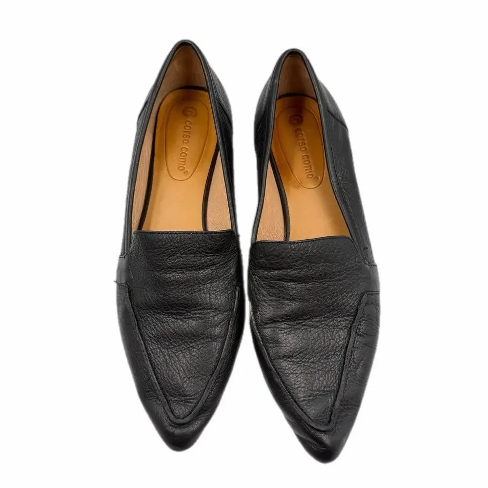 Corso Como Jatiba Black Leather Slip On Pointed Toe Polished Office Flat Loafers
